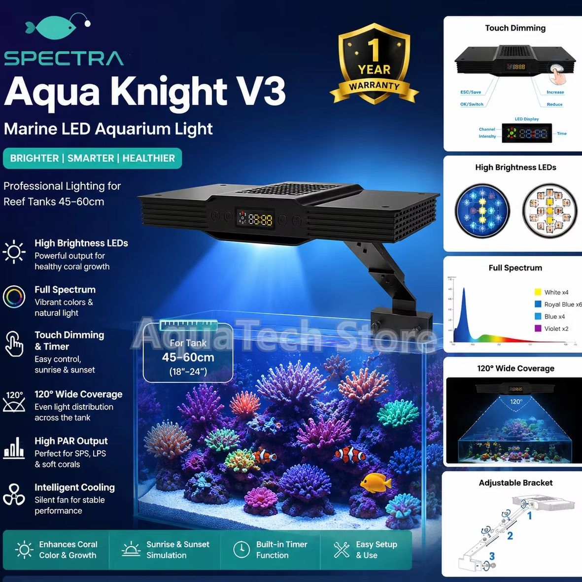 Aquarium Marine Fishes - Spectra Aqua Knight V3 75W プログラム可能な日の出日没海洋水族館